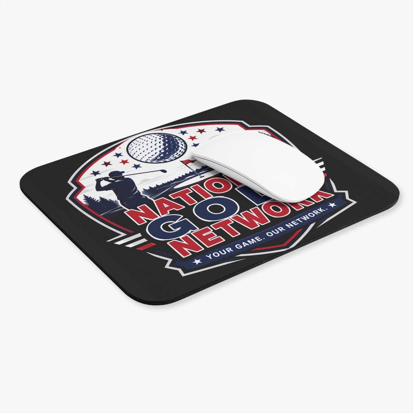 National Golf Network Mouse Pad — Golf Silhouette Desk Mat with "Your Game. Our Network." Slogan