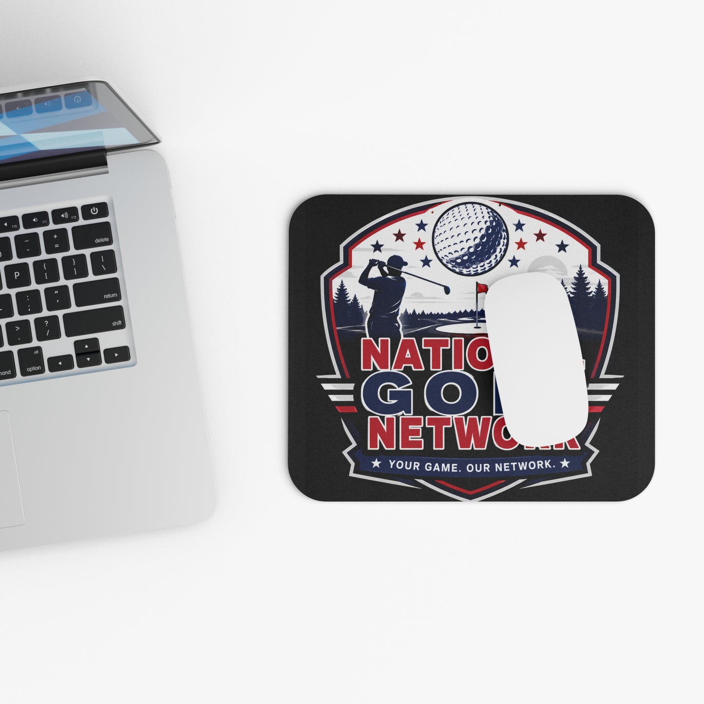 National Golf Network Mouse Pad — Golf Silhouette Desk Mat with "Your Game. Our Network." Slogan